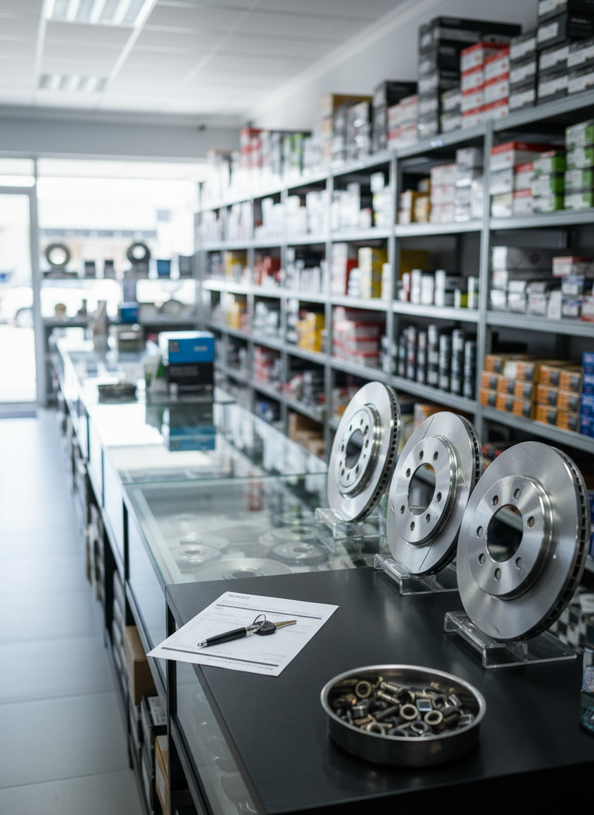 A wide, photographic view of a neat automotive spares counter in Cape Town, with organized shelves of boxed motor parts, gleaming brake discs and neatly stacked filters as the main focus. The foreground shows a clean dark countertop with a single, unbranded invoice pad and a set of car keys resting beside a small tray of bolts. Behind, aisles of labelled parts stretch into soft blur, suggesting depth and stock variety. Cool daylight streams through a front window, mixing with subtle ceiling fluorescents to create crisp, even lighting. Shot at eye level with sharp focus on the counter and a gentle bokeh in the background, the scene feels professional, trustworthy and efficient, in realistic photographic style.