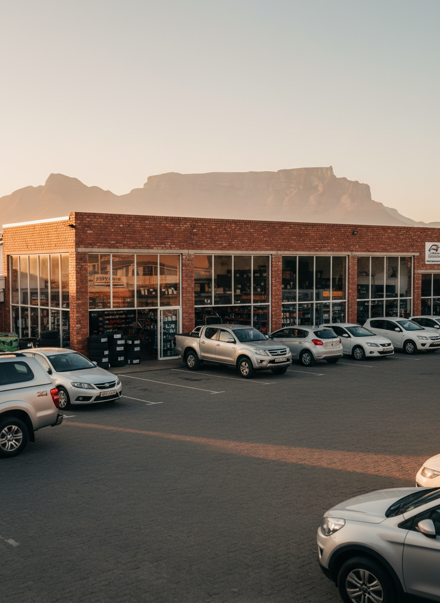 A photographic, front three-quarter view of a tidy parking area outside an automotive spares and workshop building in Cape Town, with a subtle Table Mountain silhouette visible in the distant background. Several different bakkies and passenger cars are parked neatly, suggesting a mix of private and business customers, all unbranded and generic in design. The building façade features large glass windows revealing shelves of parts and tyres inside, but no text or logos. Late afternoon natural light creates a warm, golden glow on body panels and brickwork, with long, soft shadows across the paved forecourt. Shot from a low, wide-angle perspective, the composition feels welcoming and established, capturing the sense of a trusted local motor spares supplier in a real urban setting.