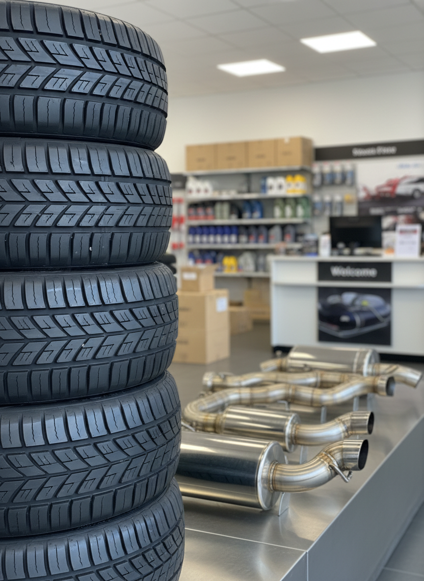 A detailed, photographic close-up of a tyre and exhaust display inside an automotive spares showroom, focusing on a stack of premium black tyres with crisp tread patterns beside a row of gleaming stainless-steel exhaust boxes and pipes. The tyres show subtle texture variations, from matte sidewalls to slightly glossy tread, while the exhausts reflect the surrounding workshop environment in soft, distorted highlights. In the softly blurred background, organized shelves of boxed parts and a clean service desk suggest full workshop services. Bright, even showroom lighting from overhead panels eliminates harsh shadows, emphasizing clarity and quality. Captured at an eye-level, three-quarter angle with a moderate depth of field, the mood is professional and reassuring, underlining the business’s focus on tyres and exhausts for all types of vehicles.