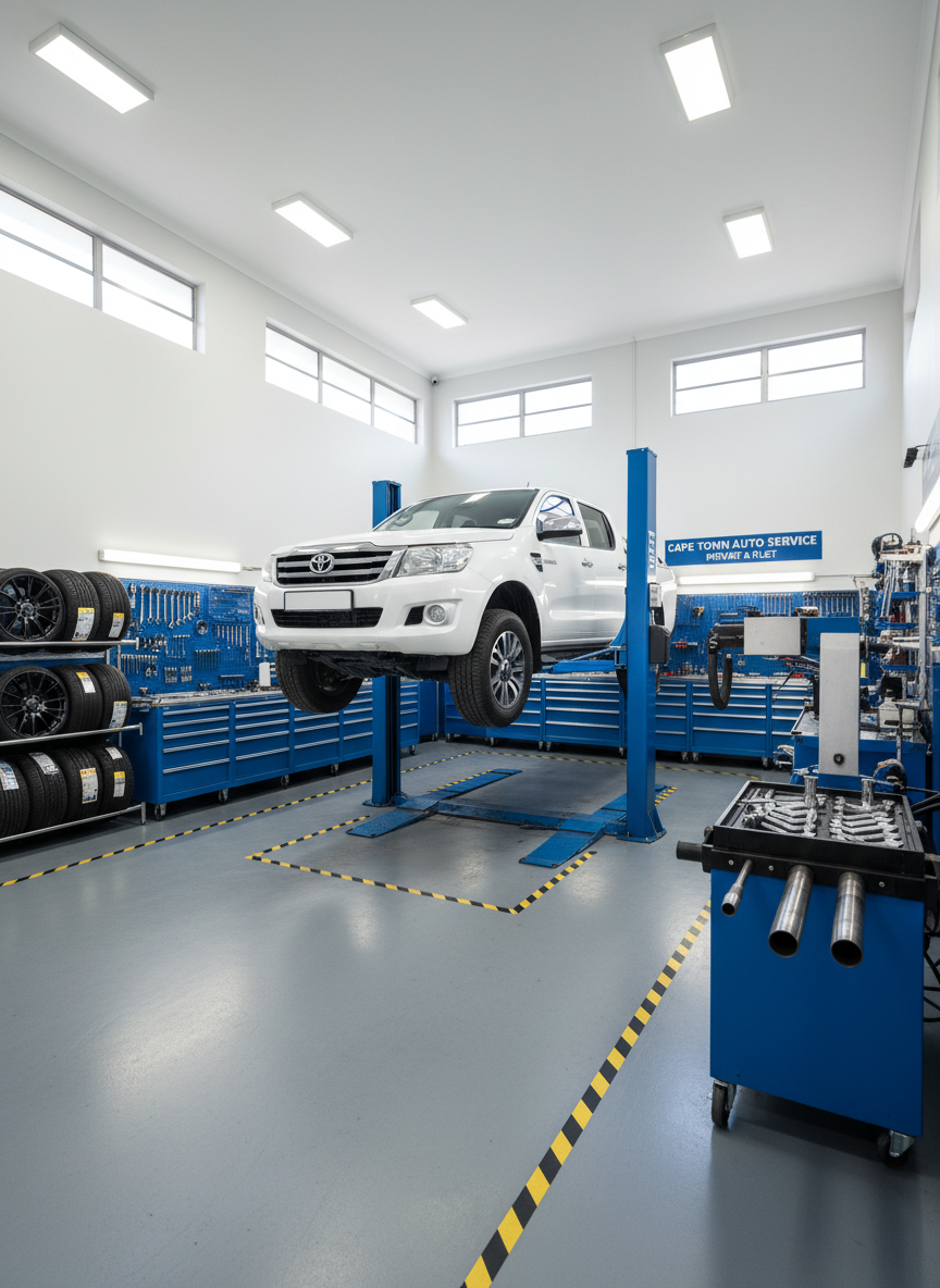 A high-resolution, photographic interior of a professional automotive workshop bay, centered on a white bakkie raised on a sturdy hydraulic lift. Around it, organized tool cabinets, tyre racks and an exhaust bending machine line the walls, all meticulously clean and well-maintained. The concrete floor is spotless with clear safety markings leading to the work zones. Soft daylight enters through high side windows, complemented by bright overhead LEDs that cast minimal shadows and illuminate every surface. Captured from a slightly wide, eye-level angle, the composition emphasizes order and capability, with sharp focus throughout. The mood is confident and reliable, presenting a modern Cape Town workshop ready for servicing both private motorists and business fleets.