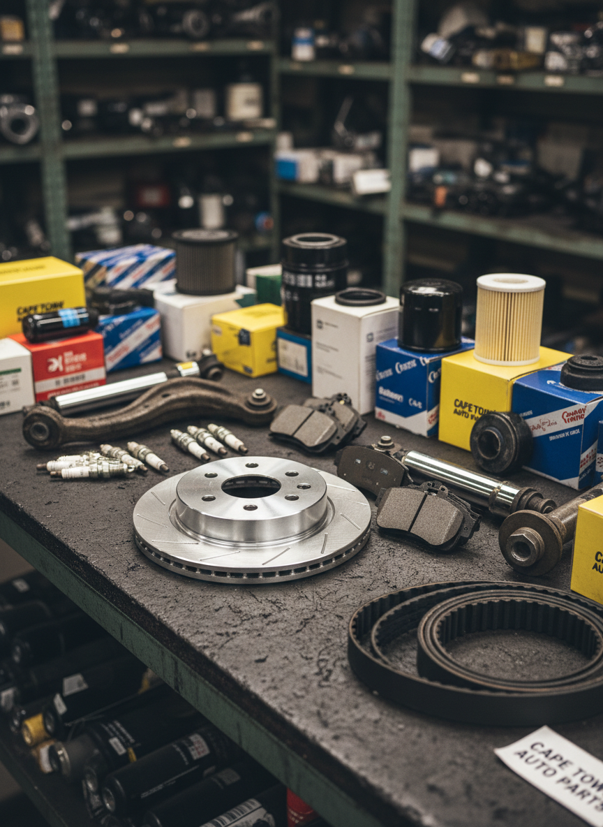 A close-up, photographic composition of neatly arranged new and used motor spares on a textured black workshop bench, showcasing the variety supplied by a professional Cape Town parts business. In the center, a pristine brake disc and matching pads catch the light, surrounded by spark plugs, filters, timing belts and suspension components, each with distinct metallic or rubber textures. A subtle dusting of workshop grime on some used parts contrasts with the clean, boxed items at the edge of the frame. Overhead workshop lighting creates soft, controlled reflections on chrome and steel, with gentle shadows defining form. Shot from a slightly elevated angle with shallow depth of field, the foreground parts are crisp while background shelves and tool shadows blur softly, conveying expertise and stock depth.